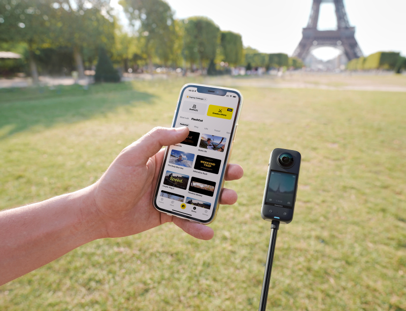 Smartphone displaying the Insta360 app with the Eiffel Tower in the background