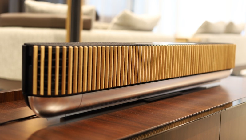 Close-up of Bang & Olufsen Beosound Theatre soundbar in a living room setting