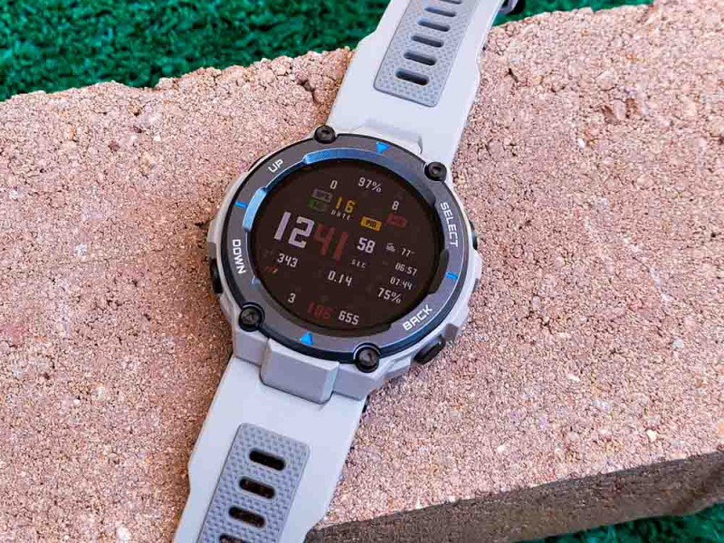 Close-up of Amazfit T-Rex Pro screen showing sports apps